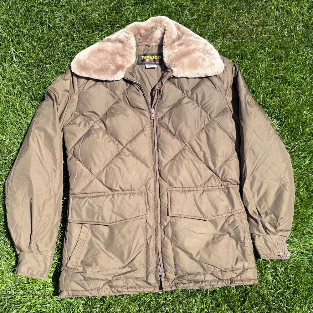 Vtg B+ Tempco Goose Down Puffer Jacket Brown Faux Fur Collar Made in USA T380 40